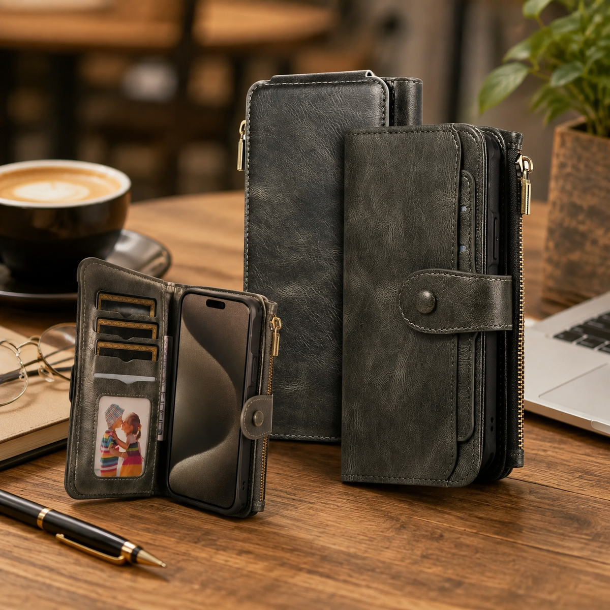 Premium iPhone Wallet Case PU Leather Zipper Card Holder Detachable Flip Cover Shockproof Anti Scratch Anti Fingerprint Dustproof Non Slip Retro Case