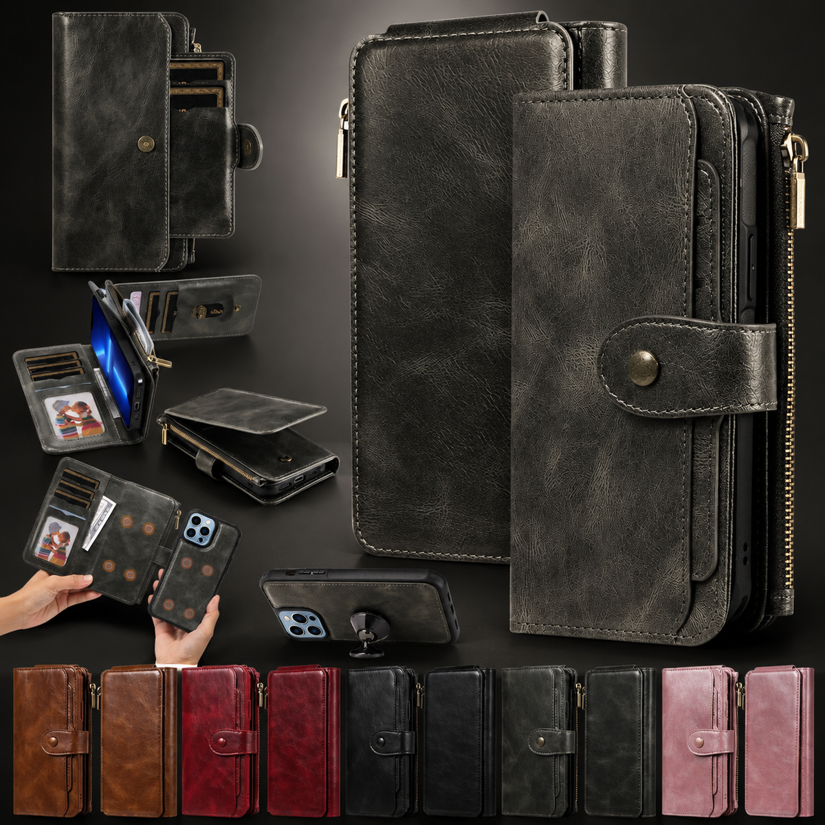 Premium iPhone Wallet Case PU Leather Zipper Card Holder Detachable Flip Cover Shockproof Anti Scratch Anti Fingerprint Dustproof Non Slip Retro Case
