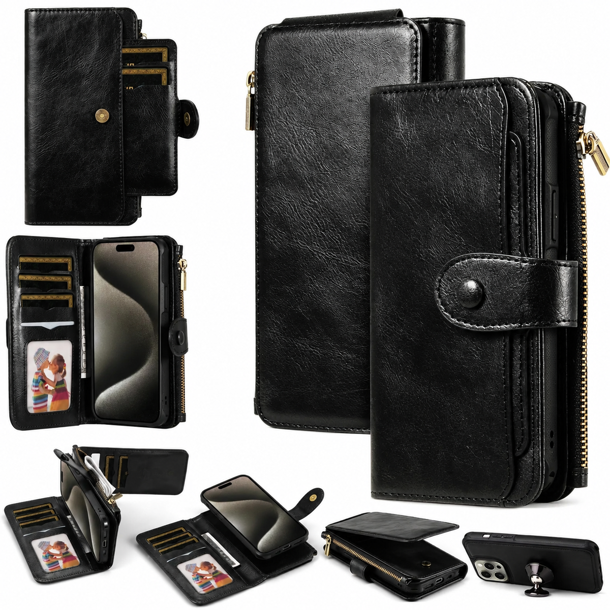 Premium iPhone Wallet Case PU Leather Zipper Card Holder Detachable Flip Cover Shockproof Anti Scratch Anti Fingerprint Dustproof Non Slip Retro Case